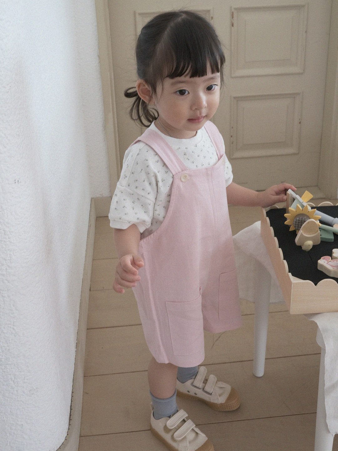 Toddler) linen overall *baby pink